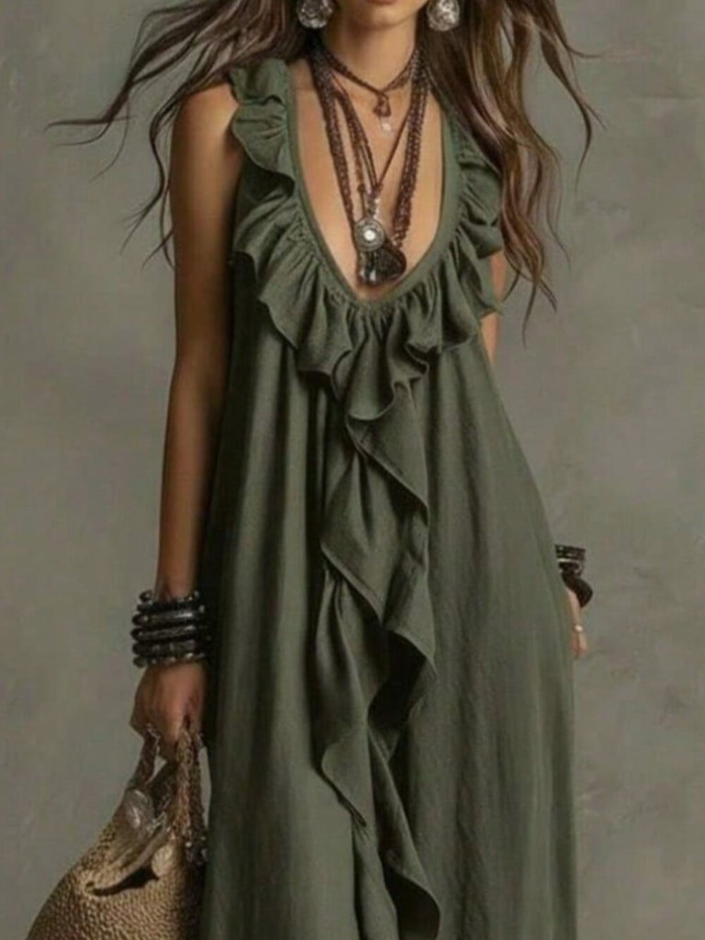 Olive Green Bohemian Women's Dress - Picture 3 of 4